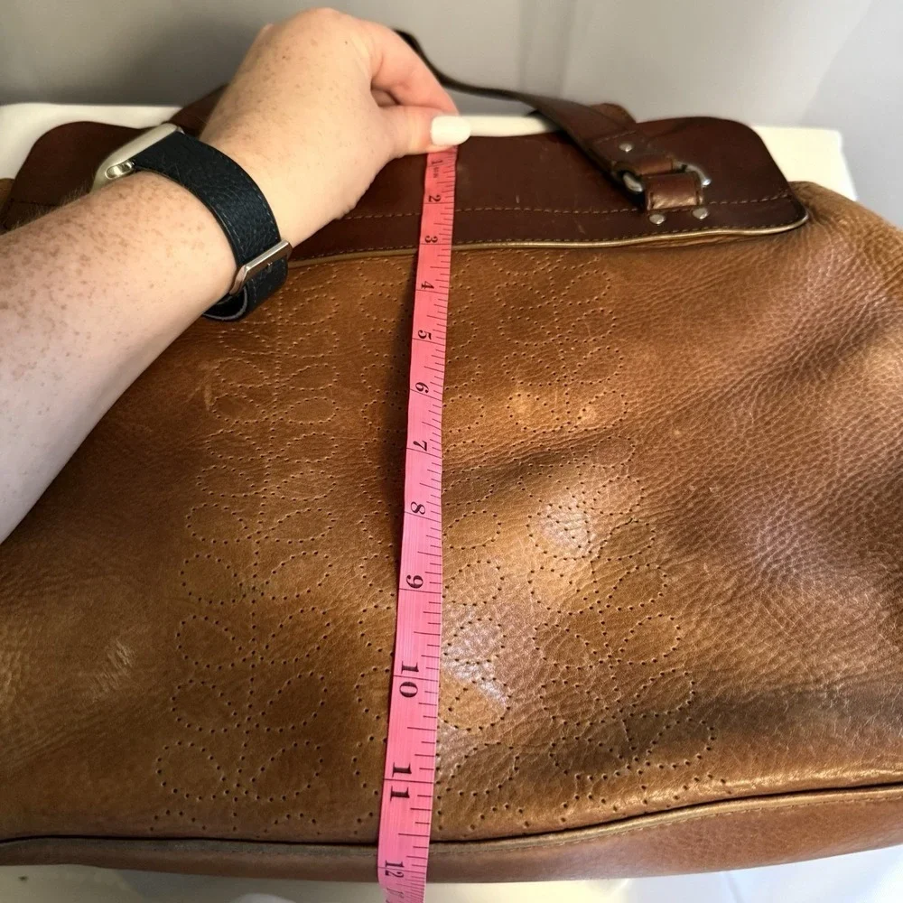 Orla Kiely Vintage Leather Shoulder Top Handle Bag Purse Brown Floral Detail
